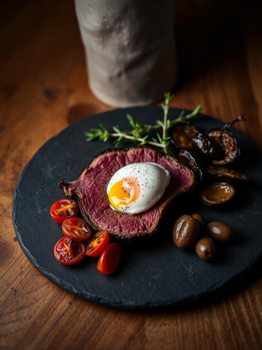 Anglický roastbeef medium s křepelčím vejcem a olivami kalamata